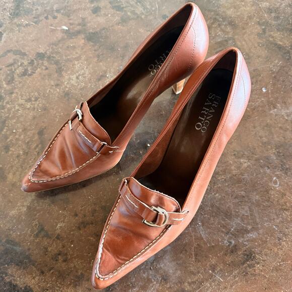 Franco Sarto Heels Leather Loafer Pumps Pointed Toe Buckle Cognac Tan Womens 10 - Picture 2 of 9
